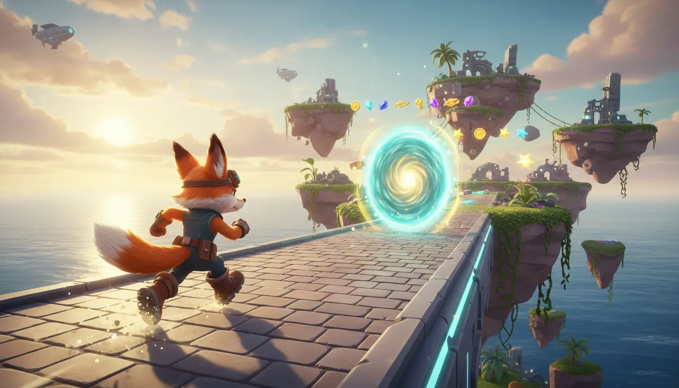 3D 平台角色冲向新关卡与新游戏入口,体现 GamOcean 的持续更新与发现体验